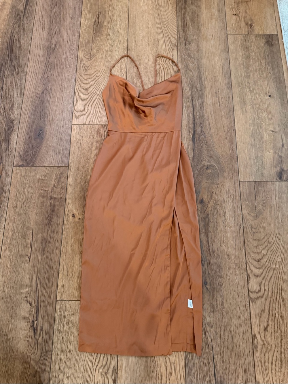 Fashion Nova Rust Satin Cowl Midi Dress